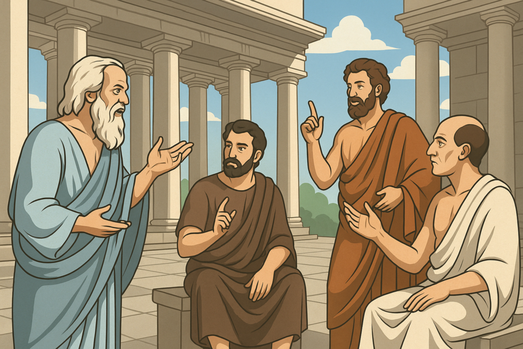 Ancient Greek philosophers discussing ideas in a marble courtyard – Greek Philosophy