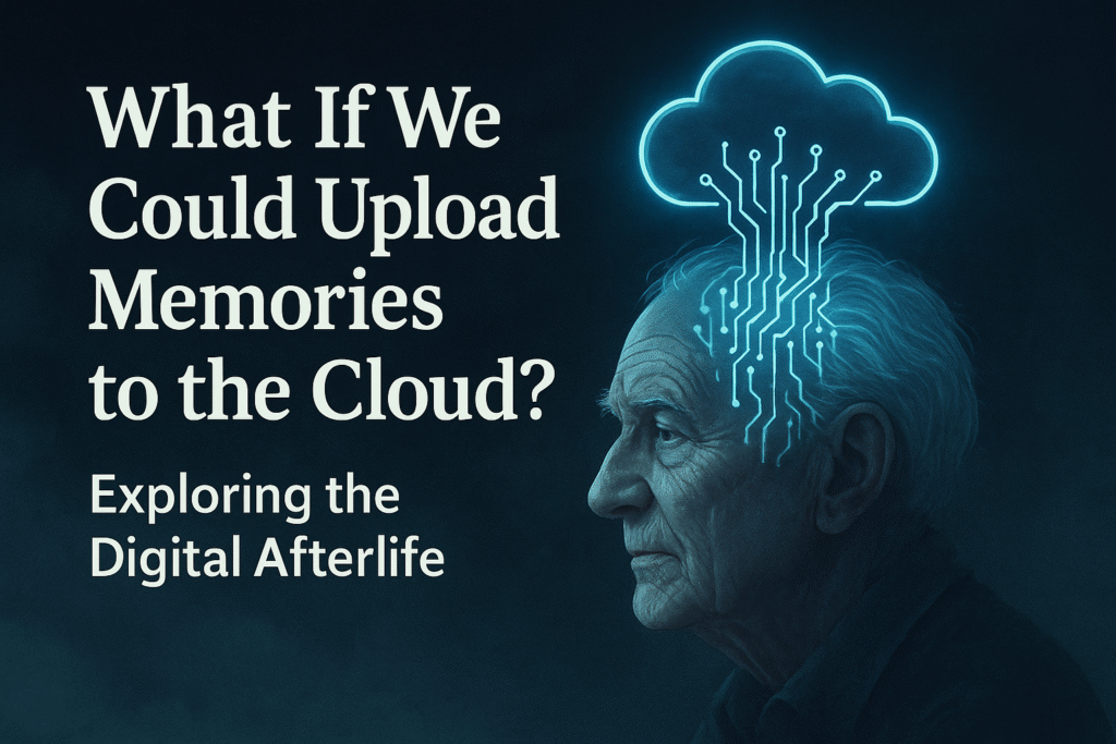 A digital illustration showing the concept of “What If we could combine all computing power to process a brain.” The artwork depicts a glowing human brain connected with circuits and computer processors, symbolizing the merging of biological intelligence and supercomputing power. The background is futuristic with neon blue and purple tones.