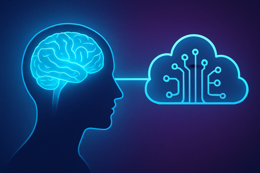 A digital illustration showing a human head transferring glowing neural patterns into a cloud, symbolizing mind upload and digital afterlife concepts.