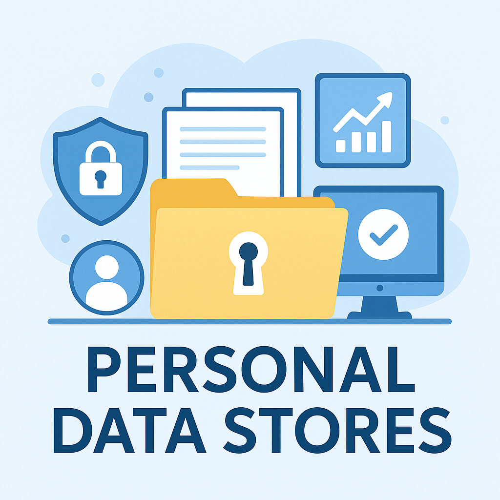 A flat-style illustration showing the concept of Personal Data Stores (PDS). At the center is a yellow folder with a keyhole, symbolizing secure data storage. Surrounding it are icons: a shield with a lock, a user profile symbol, stacked documents, a computer monitor with a checkmark, and a chart with an upward arrow, all representing privacy, security, and data control. The text "PERSONAL DATA STORES" appears at the bottom.