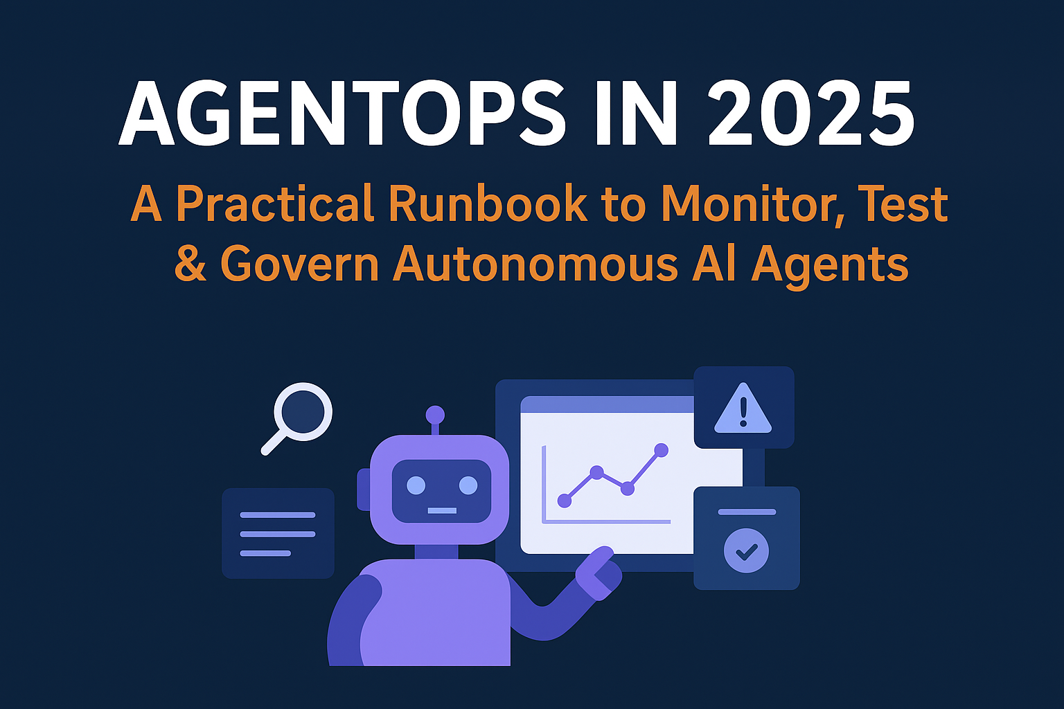 Illustration of AgentOps in 2025 showing a robot with monitoring dashboards, charts, and warning icons, symbolizing the governance and testing of autonomous AI agents.