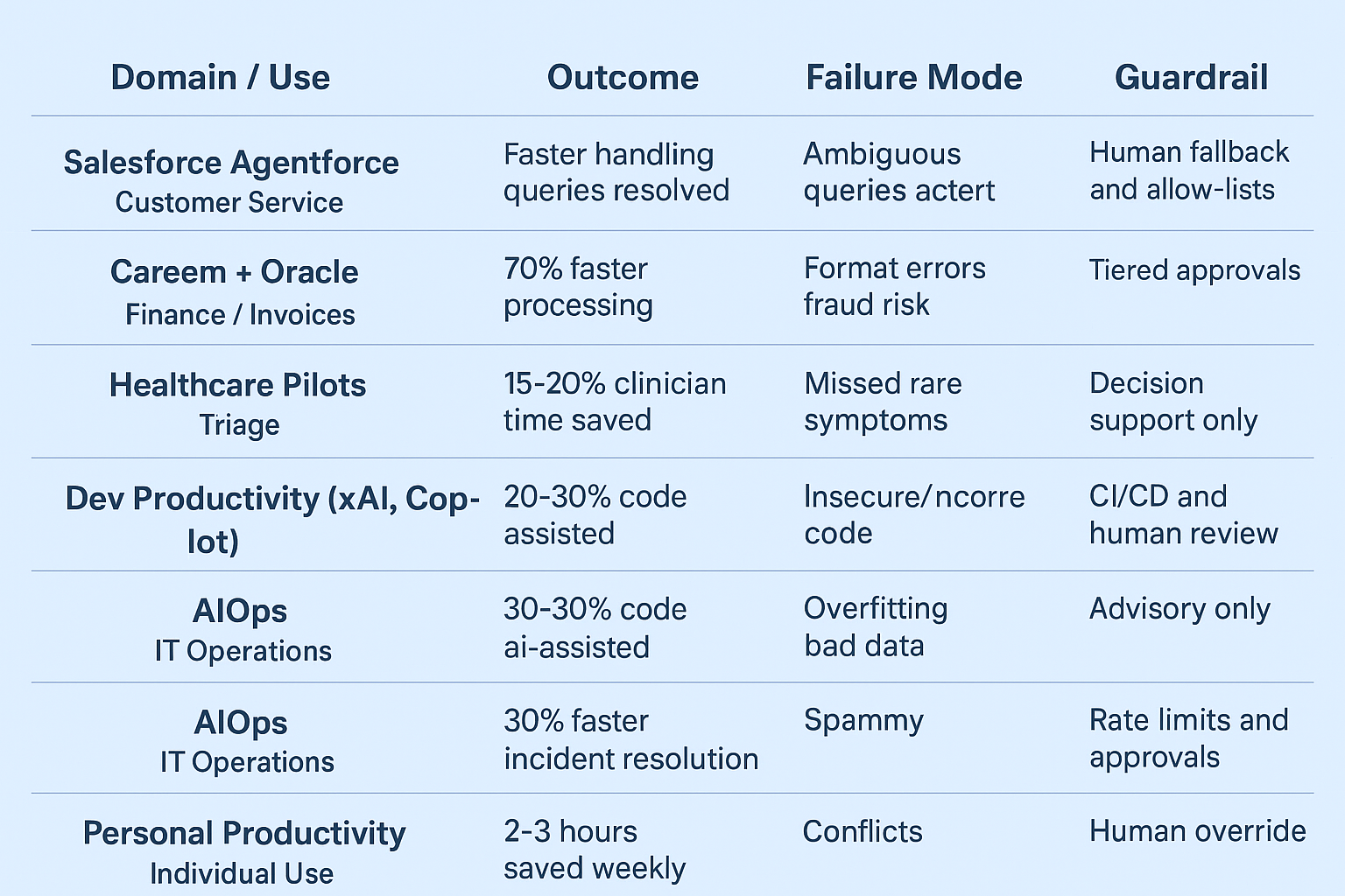 Comparison table infographic showing six examples of autonomous AI agents Comparison table infographic showing six examples of autonomous AI agents across domains such as customer service, finance, healthcare, IT operations, and personal productivity. The table lists each agent’s outcomes, failure modes, and guardrails, with entries including Salesforce Agentforce, Careem invoice automation, healthcare pilots, developer productivity agents, AIOps, and personal productivity agents.