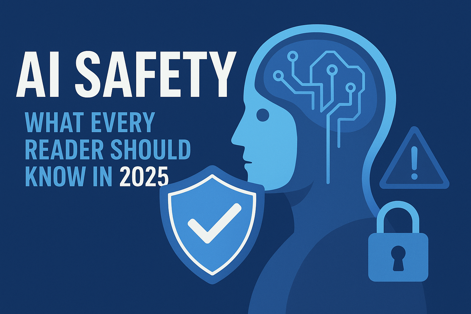 AI safety illustration showing a human head with circuits, a protective shield, padlock, and warning sign highlighting risks and safeguards in 2025