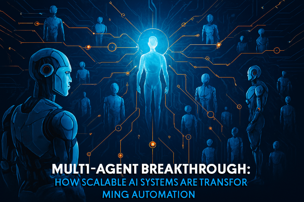 Futuristic digital illustration showing humanoid robots interconnected by glowing orange pathways, centered around a radiant blue figure symbolizing a multi-agent AI system. The background features circuit-like patterns and a deep blue color scheme, evoking intelligent automation and scalable architecture. Bold text at the bottom reads: “Multi-Agent Breakthrough: How Scalable AI Systems Are Transforming Automation.”