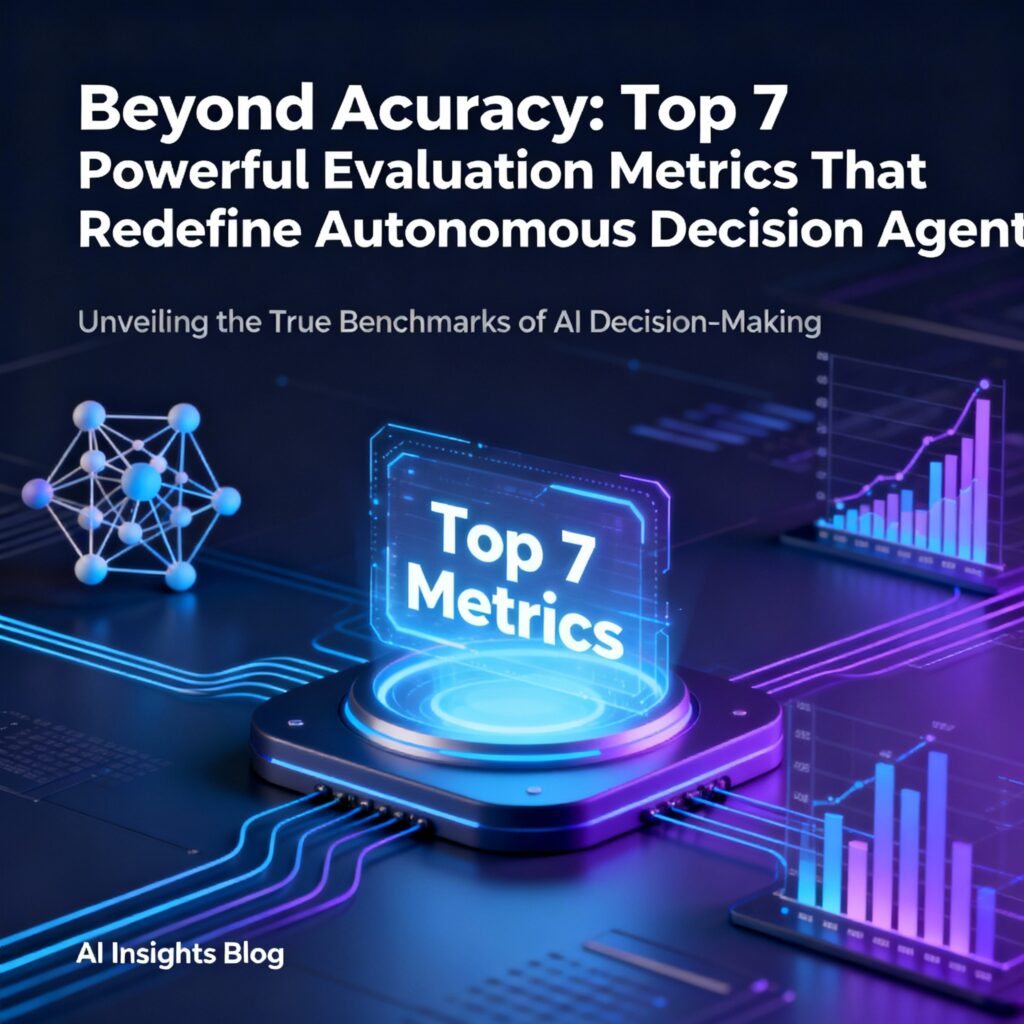 Autonomous decision agents surrounded by dynamic data visualizations and futuristic metric icons, highlighting advanced evaluation beyond accuracy in artificial intelligence.